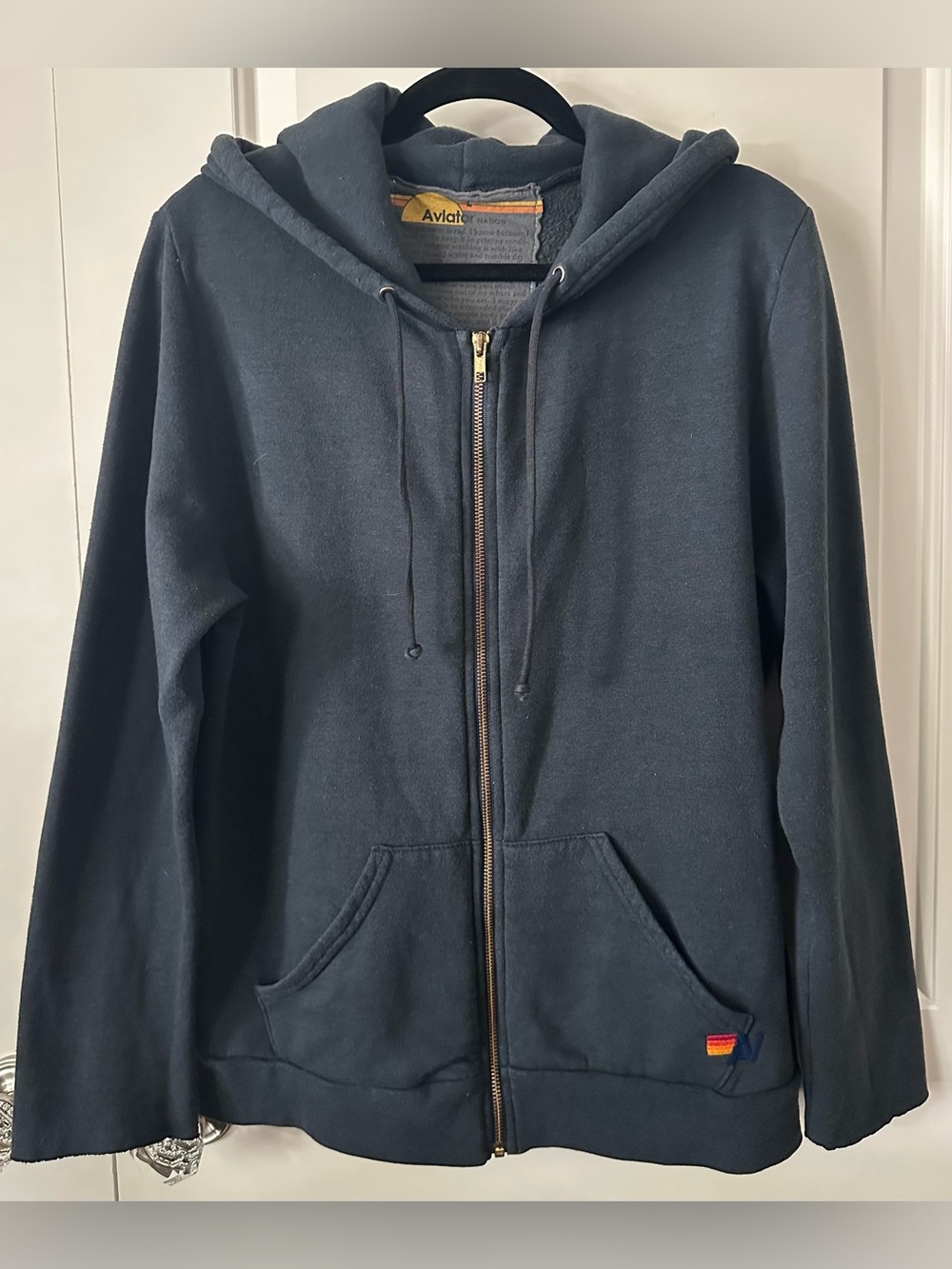 Aviator Nation Navy Gold Bolt Zip Hoodie Women’s Large Raw Edge Sleeves